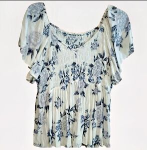 Floral Blue and White Peasant Top